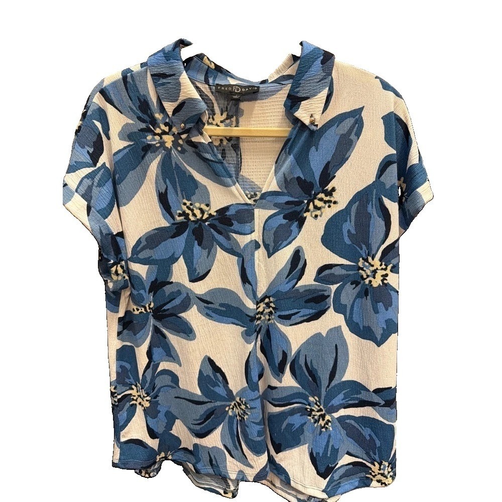 Fred David Blue White Floral Print Short Sleeve V-Neck Blouse Large